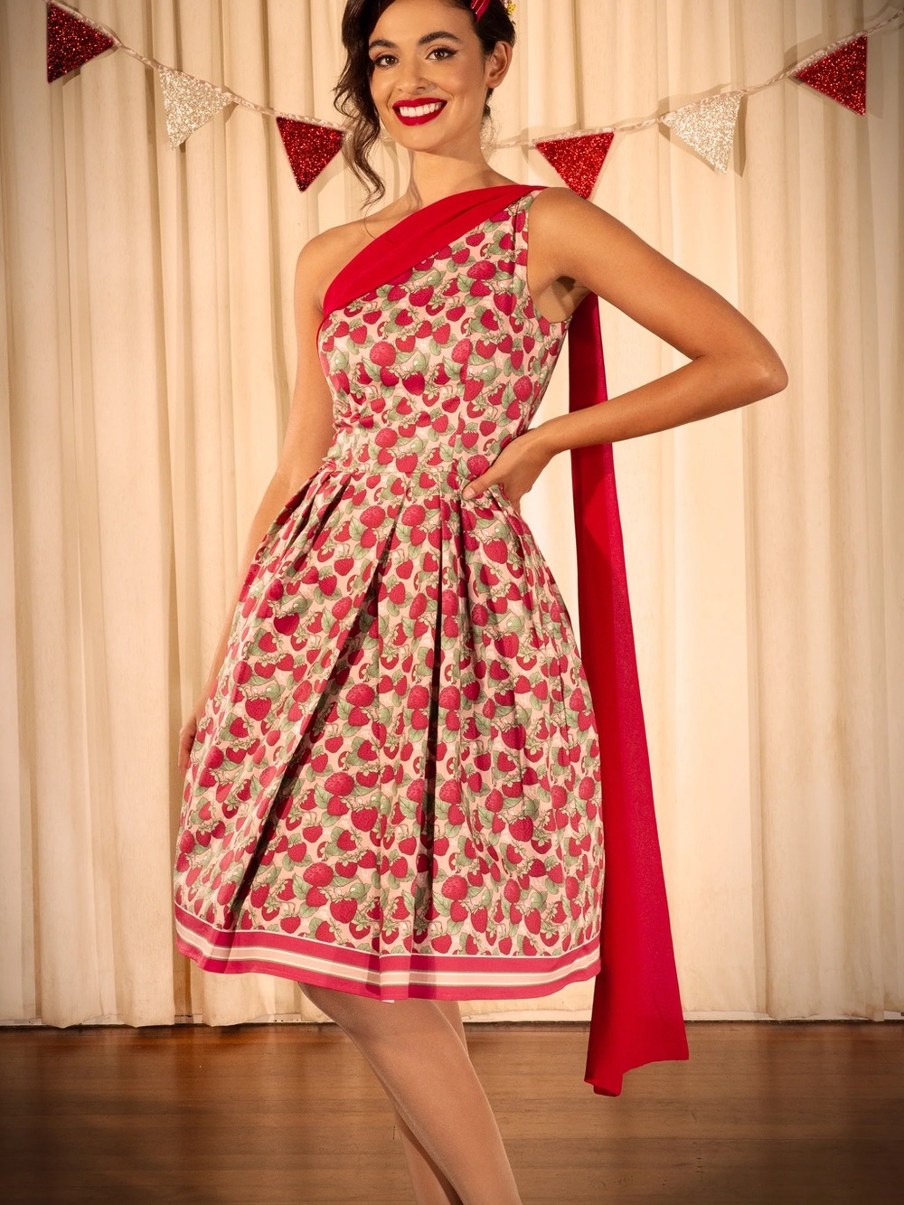 Kitten D’Amour Miss Strawberry Pageant one shoulder drape pinup rockabilly dress